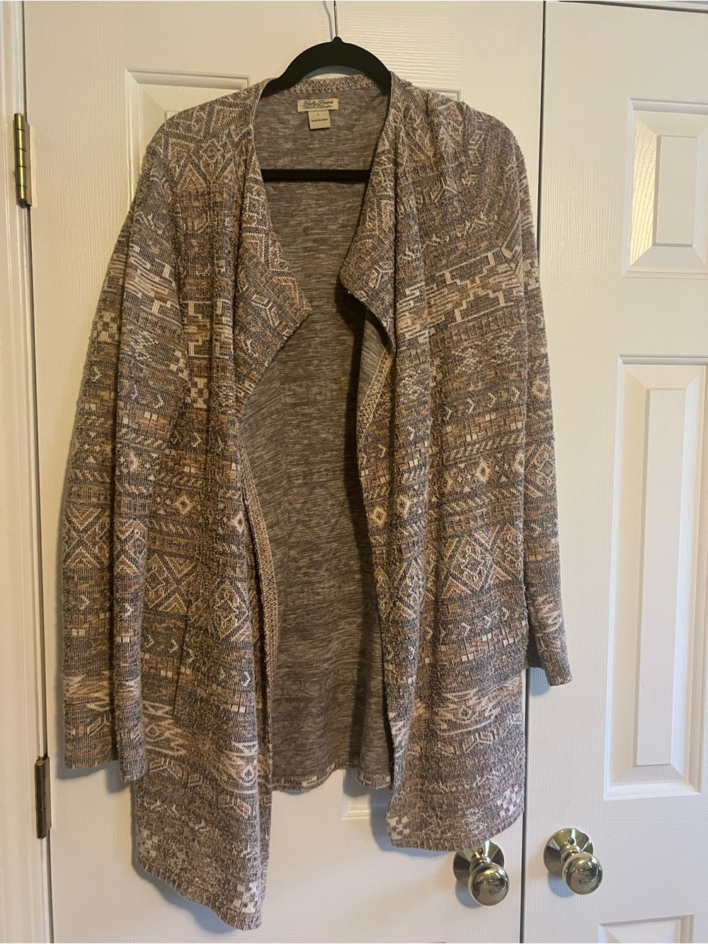 Lucky Brand Womens Taupe Patterned Open-Front Cardigan Sweater